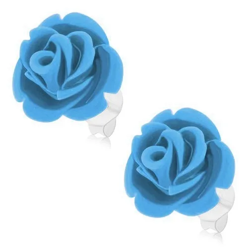 Náušnice ze stříbra 925, růže ve světlemodrém odstínu, puzetové zapínání