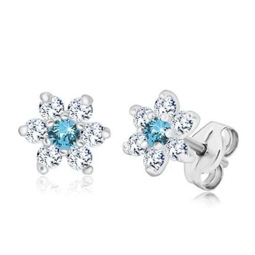 Náušnice ze stříbra 925 - zářivý zirkonový květ, čirá nebeská modrá, puzetky