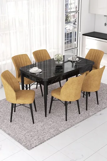 Extendable Dining Table & Chairs Set (7 Pieces) Nef - Black Marble, Cappuccino