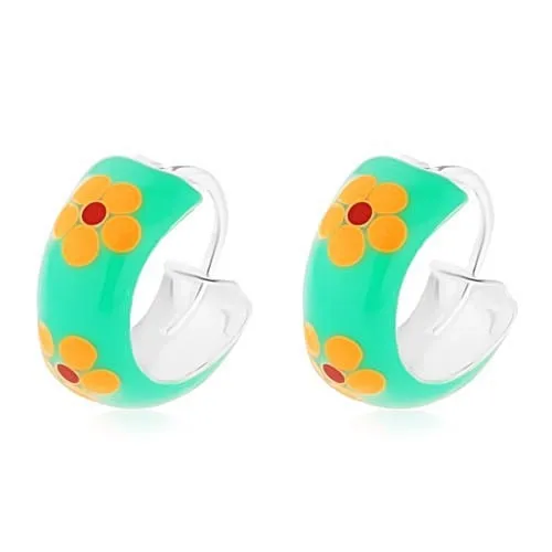 Náušnice ze stříbra 925, kroužek, zelená glazura se žlutými kvítky, 10 mm