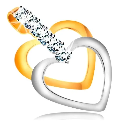 Dvoubarevný přívěsek ve 14K zlatě - úzké kontury souměrných srdcí, pás čirých zirkonů