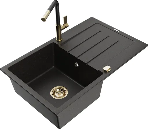 MEXEN/S Bruno granitový dřez 1 s odkapávačem včetně baterie Flora, černá/zlatá metalik 6513-75-670401-57-G