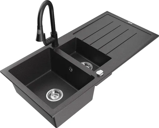 MEXEN/S Andres granitový dřez s odkapávačem včetně baterie Elia, černá nakrapiany 6515-76-670101-70