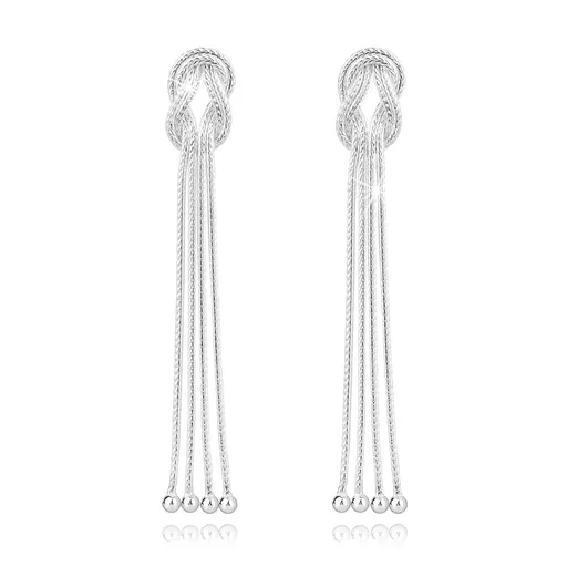 Stříbrné náušnice 925 - řetízky propletené do uzlu, hladké korálky, puzety