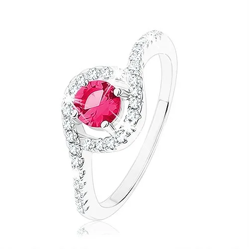 Stříbrný prsten 925, kulatý červený zirkon se zvlněným čirým lemem - Velikost: 59