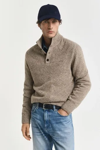 SVETR GANT WOOL BLEND NEPS HALF BUTTONED DK. SAND MELANGE