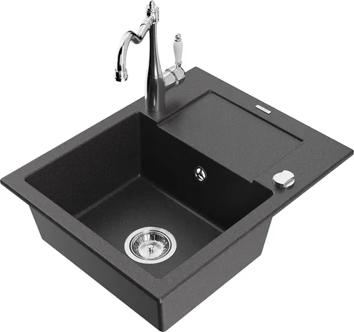 MEXEN/S Enzo granitový dřez 1 s odkapávačem včetně baterie Carla, černá kropenatá 6506-76-670700-00