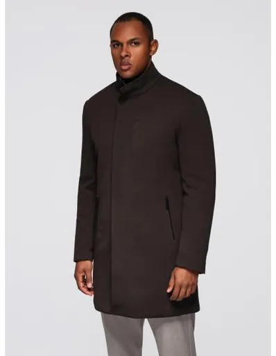Strukturovaný pánský kabát s vysokým límcem – tmavě hnědý V5 OM-COWC-0136