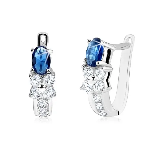 Náušnice s oválným modrým kamenem, čirý zirkonový květ, stříbro 925