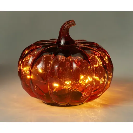 Skleněná svítící dýně 15 x 13 cm, červená, 10 LED, na baterie, časovač