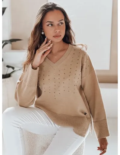 Dámský svetr s výstřihem do V VERALIA kamelový