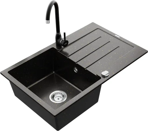 MEXEN/S Bruno granitový dřez 1 s odkapávačem včetně baterie Telma, černá/zlatý 6513-75-670200-70