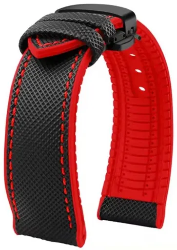 Řemínek gumový s černou motýlovou sponou - černý/červené prošití - 19 mm