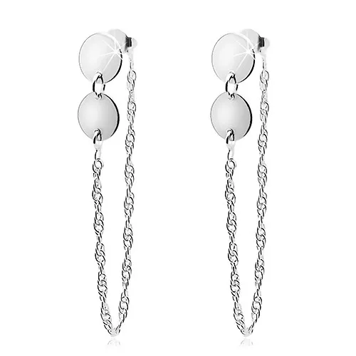 Stříbrné náušnice 925, dva ploché kruhy, řetízek spojený s brzdítkem