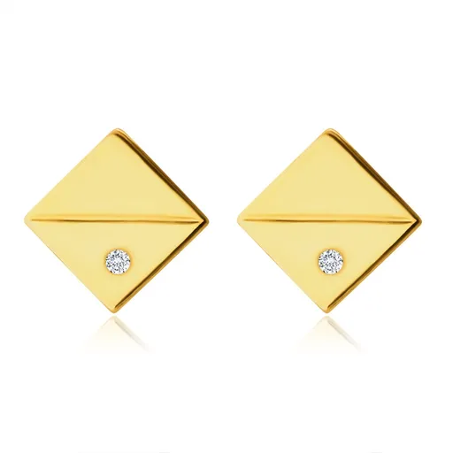 Náušnice ze 14K zlata - symetrické čtverce s diagonálními pruhy, kubické zirkony, puzety
