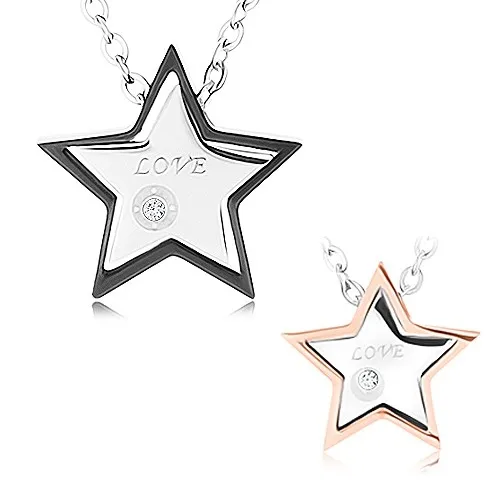 Náhrdelníky z chirurgické oceli, pěticípé hvězdičky, zirkon čiré barvy, "LOVE"