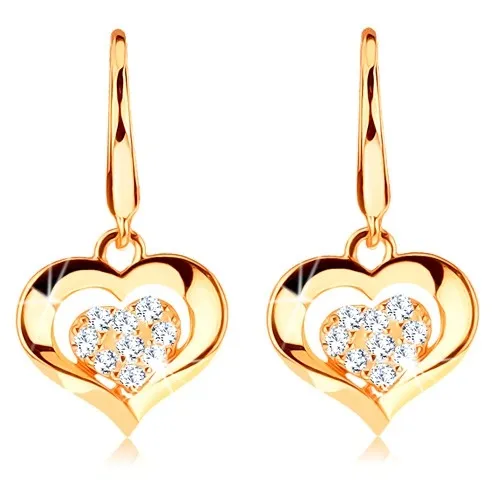 Zlaté náušnice 585 - čiré třpytivé srdíčko v lesklém obrysu, háčky