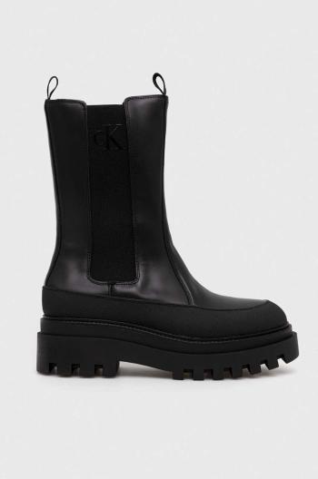 Kožené kotníkové boty Calvin Klein Jeans FLATFORM CHELSEA BOOT LTH WN dámské, černá barva, na platformě, YW0YW01111