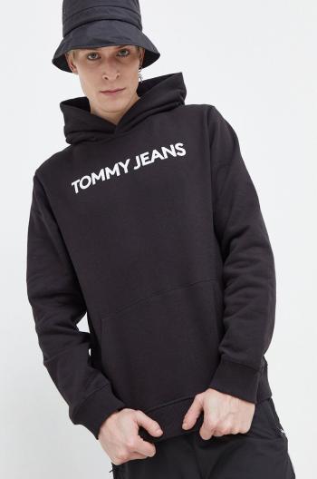 Bavlněná mikina Tommy Jeans pánská, černá barva, s kapucí, s potiskem, DM0DM18413