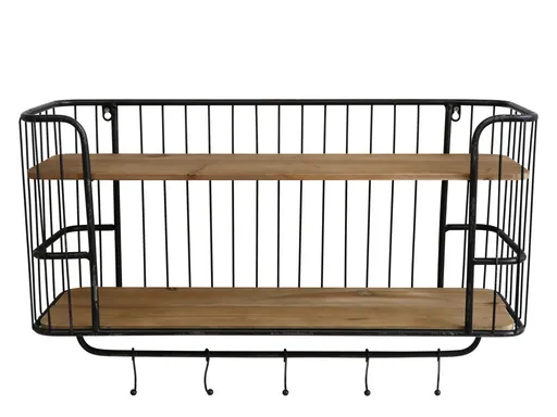 Černá antik nástěnná kovová polička s dřevěnými poličkami a háčky Hokie - 72*20*45cm 41042824 (41428-24)