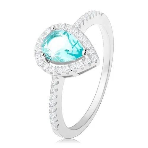 Prsten ze stříbra 925, kapka světle modré barvy s čirým zirkonovým lemem - Velikost: 65