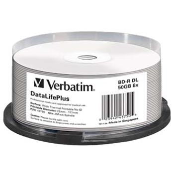 Verbatim BD-R, DL+ Wide Thermal Printable No Id Surface Hard Coat, 50GB, spindle, 43750, 6x, 25-pack, pro archivaci dat