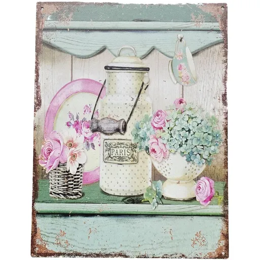 Zelená nástěnná kovová cedule s květy a bandaskou Paris - 25*33 cm 8PL- 590825331111