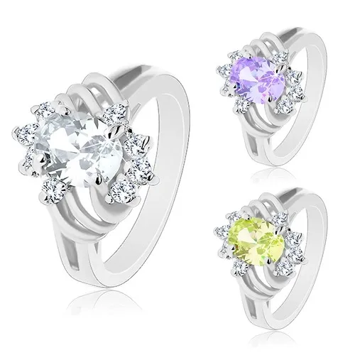 Prsten stříbrné barvy, broušený barevný ovál, tenké oblouky a čiré zirkony - Velikost: 52, Barva: Světle fialová