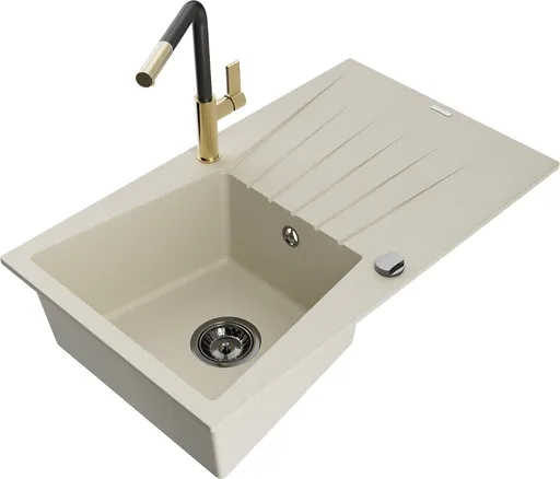 MEXEN/S Cesar granitový dřez 1-miska s odkapávačem včetně baterie Flora, béžová 6514-69-670401-57-B