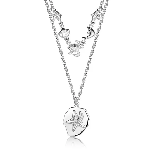 Stříbrný náhrdelník 925 - dvojitý řetízek, hvězdice, mušle, želva, delfín