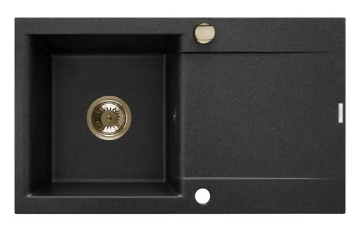 INVENA Granitový dřez TESALIA dlouhý odkap, černý s automatickým sifonem, zlatý AZ-01-Z43-B