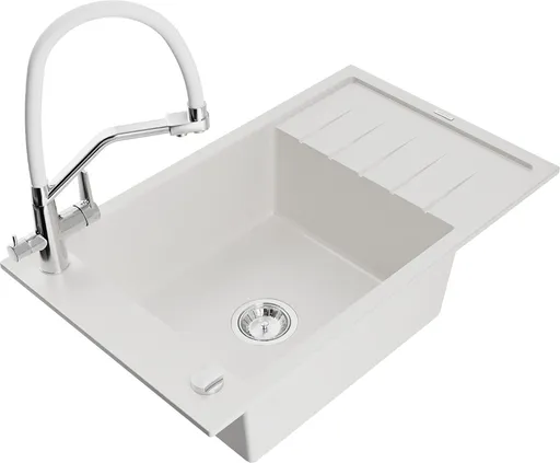 MEXEN/S Elias granitový dřez s odkapávačem včetně baterie Duo, bílá 6511-20-671701-02
