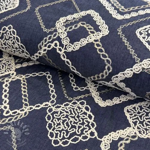 Bavlněná látka JEANS EMBROIDERY Square dark blue