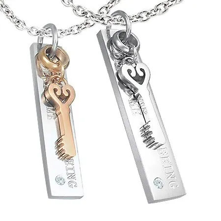 Ocelový přívěsek pro dva - známka s nápisem, klíček, zirkon