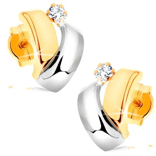 Náušnice v kombinovaném 14K zlatě - dvoubarevné obloučky, kulatý zirkonek