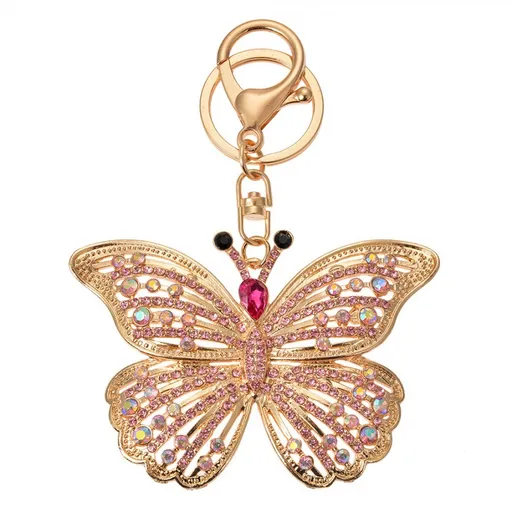 Růžovo-zlatý kovový přívěšek na klíče s kamínky motýl - 6*2*8 cm JZKC0176
