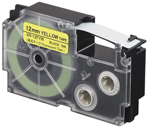 Casio XR-12FYW , 12mm x 8m, černý tisk / signální žlutý podklad, kompatibilní páska
