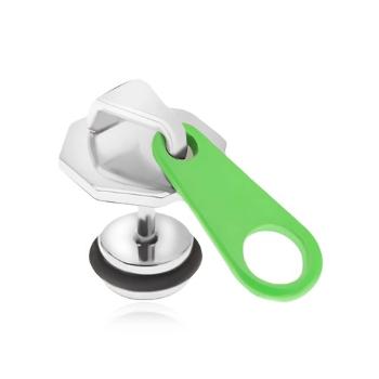 Oceľový fake plug do ucha, zips s neónovozeleným jazýčkom