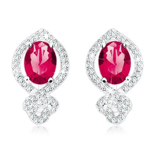 Blýskavé náušnice, stříbro 925, červenorůžový ovál v čiré zirkonové obrubě