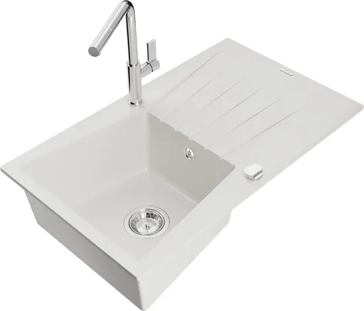 MEXEN/S Cesar granitový dřez 1-miska s odkapávačem včetně baterie Flora, bílá 6514-20-670401-00