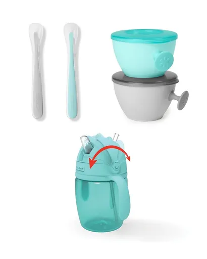 SKIP HOP Set jídelní s hrníčkem 5 ks Easy-Feed Mealtime Set Teal/Grey 6m+