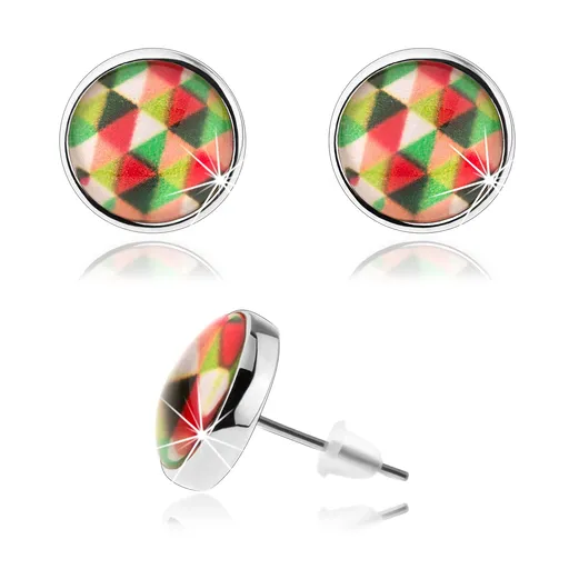 Puzetové náušnice kabošon, čiré vypouklé sklo, barevné trojúhelníčky