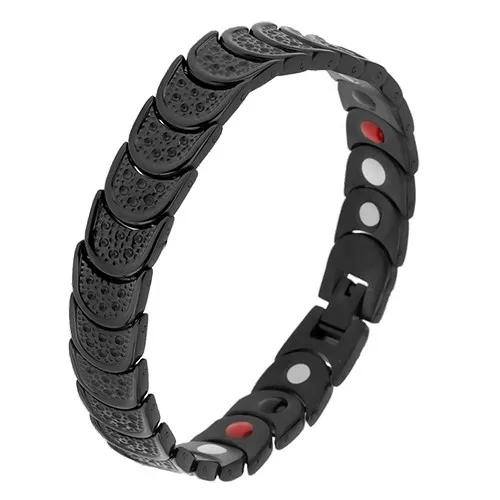 Náramek z oceli černé barvy, půlkruhy s jamkami, barevné magnety