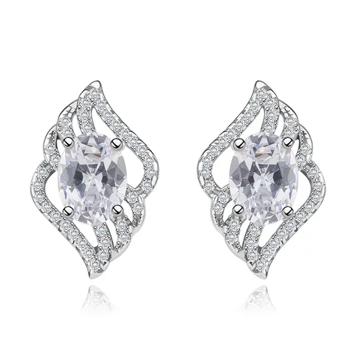 Stříbrné 925 náušnice, obrys čirého listu, broušený oválný zirkon čiré barvy