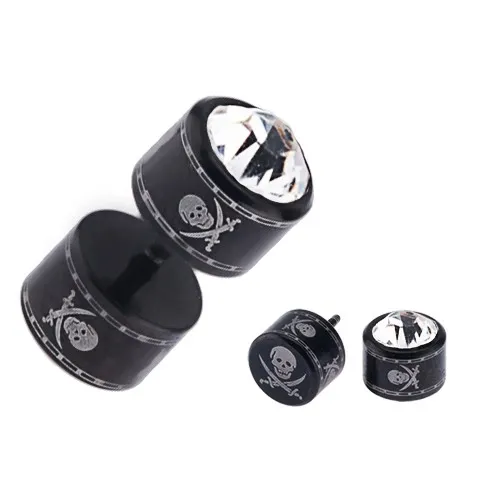Kruhový falešný plug do ucha z oceli - lebka, zkřížené meče