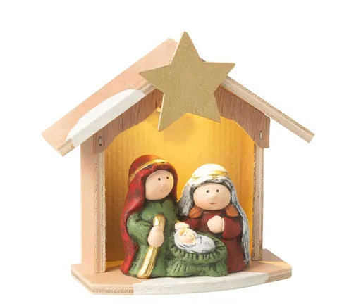 Přírodní svítící Betlém s keramickými postavičkami Nativity - 14*6*15 cm J-Line by Jolipa