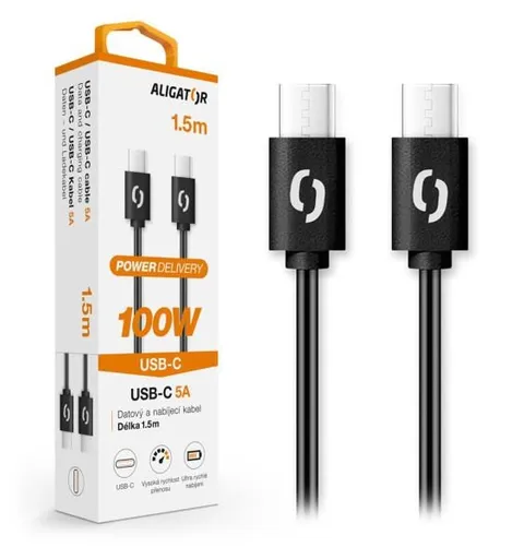 ALIGATOR datový kabel POWER 100W, USB-C/USB-C 5A, délka 1, 5 m, černá