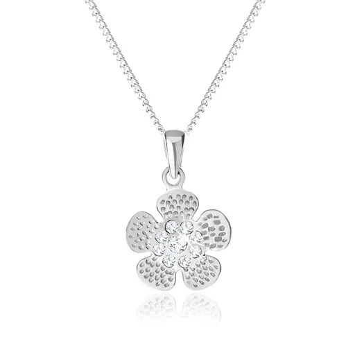 Stříbrný 925 náhrdelník, gravírovaný kvítek, střed vykládaný čirými zirkonky