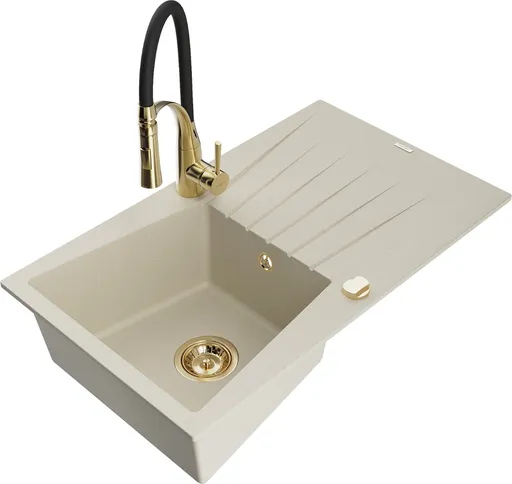 MEXEN/S Cesar granitový dřez s odkapávačem včetně baterie Aster, béžová 6514-69-73450-57-G