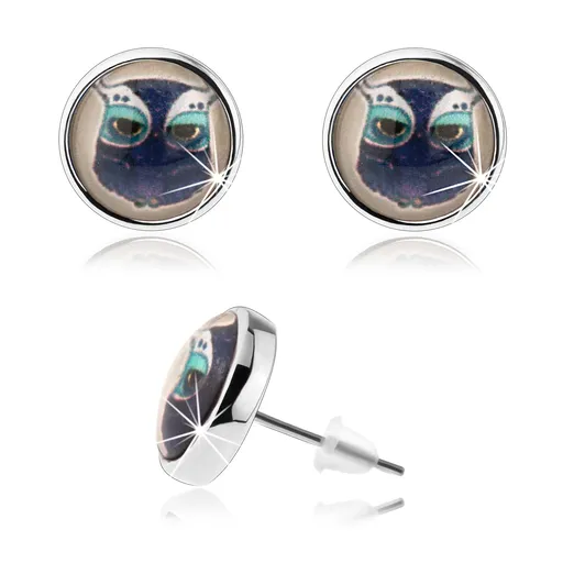 Náušnice cabochon, vypouklé sklo, stříbrná barva, obrázek sovy